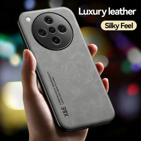 Gray leather phone case with a large circular camera cutout and four lens openings.