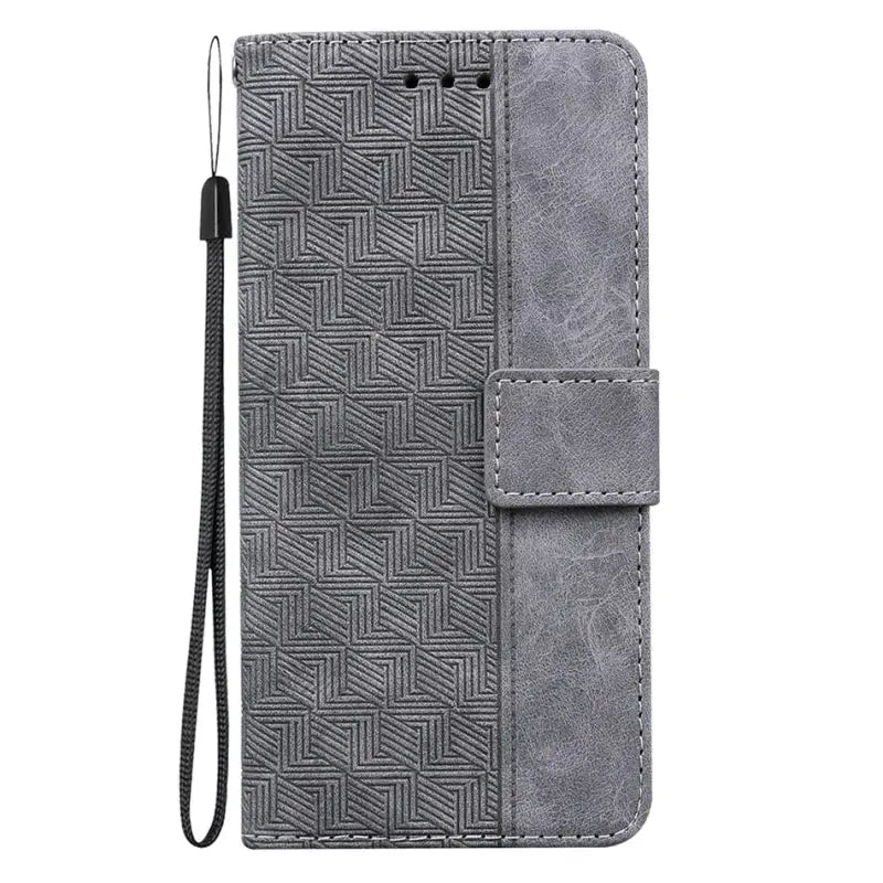 the gray leather wallet case with a zipper closure