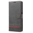 the gray leather wallet case with red stitching is shown
