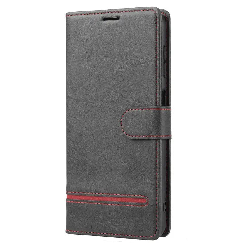 the gray leather wallet case with red stitching is shown