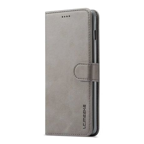 Gray leather wallet-style phone case with a magnetic closure.