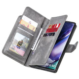 Gray leather wallet-style phone case with multiple card slots and a photo holder.