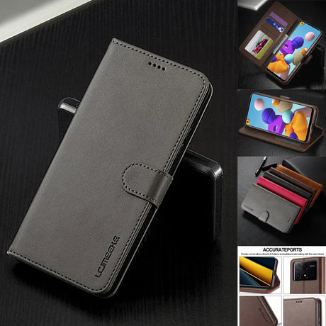 Gray leather wallet-style smartphone case with a magnetic closure.