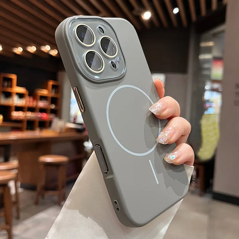 Gray phone case with camera lens protectors and MagSafe ring.
