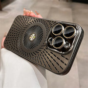 Gray phone case with circular design and camera lenses.