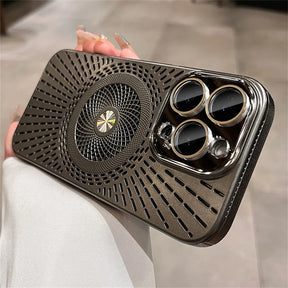 Gray phone case with circular design and camera lenses.