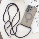 Gray phone case with neck strap.