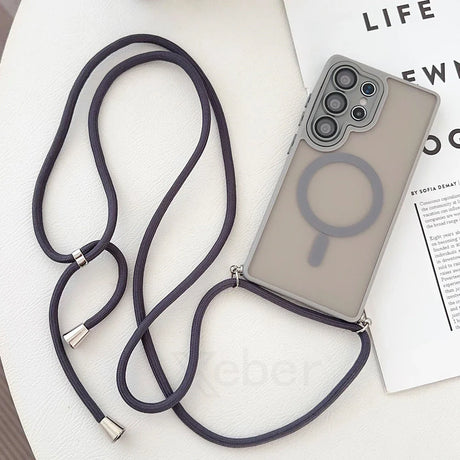Gray phone case with neck strap.