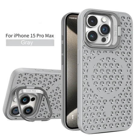 Gray protective case for iPhone 15 Pro Max with a perforated pattern design.