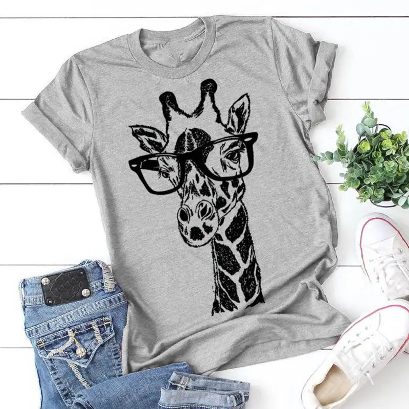 a gray shirt with a giraffe wearing glasses on it
