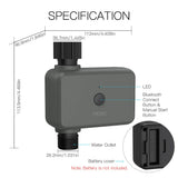 Gray smart water timer with dimensions.