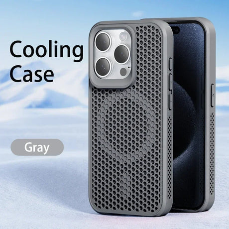 Gray smartphone case with a perforated cooling design and prominent camera cutout.