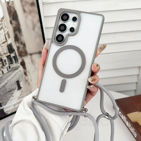Gray-trimmed phone case with lanyard.