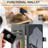 A gray wallet phone case with card slots, a money pocket, and a black phone inserted.