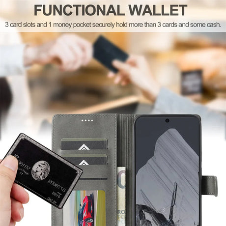 A gray wallet phone case with card slots, a money pocket, and a black phone inserted.