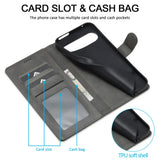 A gray wallet-style phone case with multiple card slots, a cash pocket, and a flexible TPU phone holder.