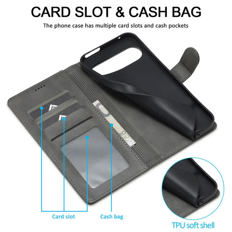 A gray wallet-style phone case with multiple card slots, a cash pocket, and a flexible TPU phone holder.