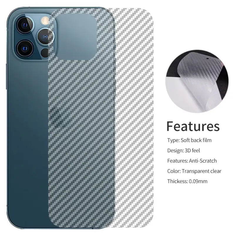 the back of a blue iphone case with a carbon fiber texture