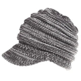 a gray and white knit hat