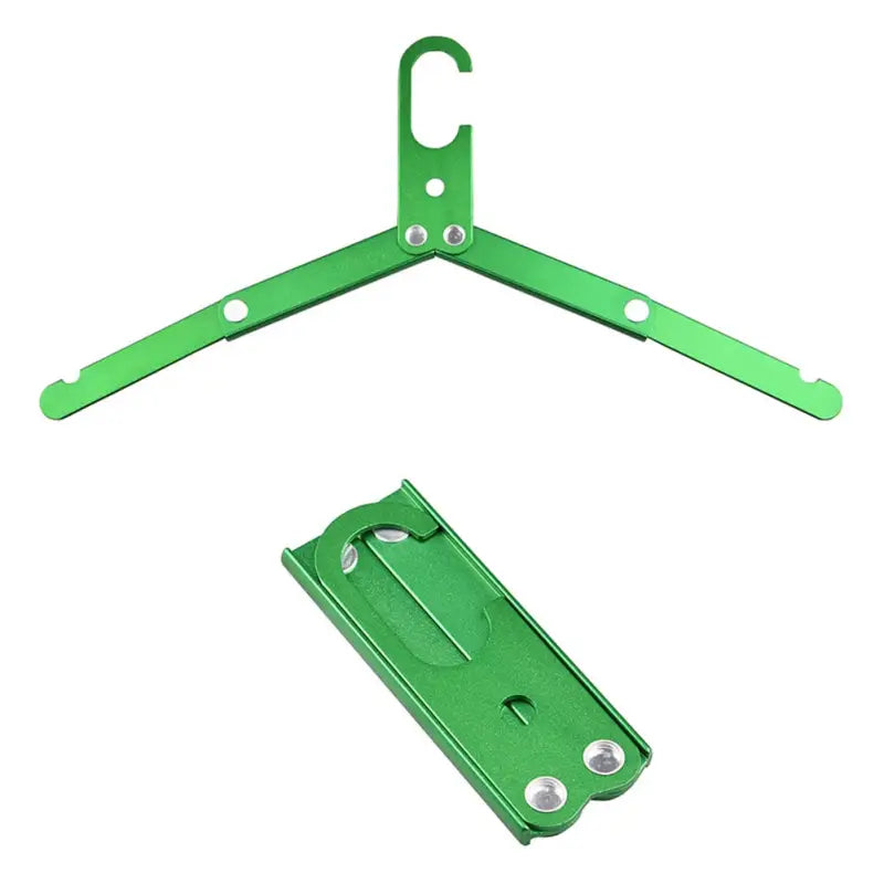 a close up of a green metal hanger with a metal latch