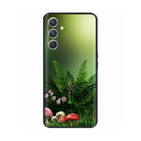 a mushroom and ferns in the forest with green background phone case