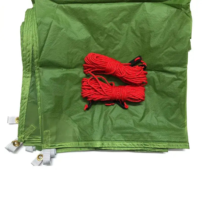 a green bag with red cords on it