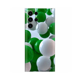 a green and white case with balloons