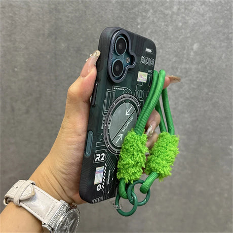 Green and black phone case with fuzzy strap.