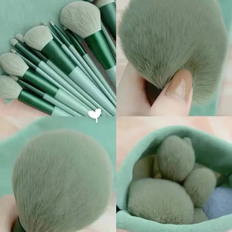the makeup brush set is in a green bag