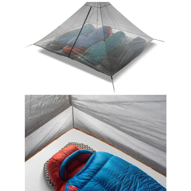 a tent with a sleeping bag inside