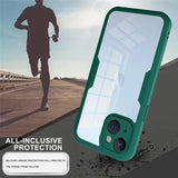 Green-bordered protective phone case with a clear back panel.