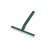 a green plastic broom with a white handle
