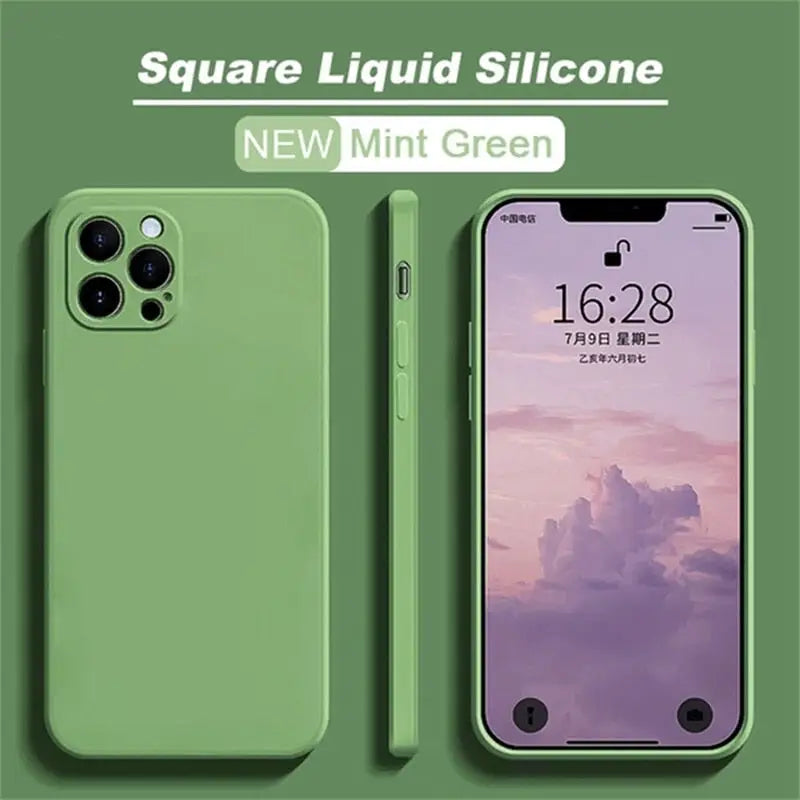 the case is green and has a phone in it
