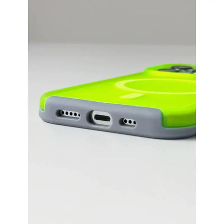 The back of a green case with a white background