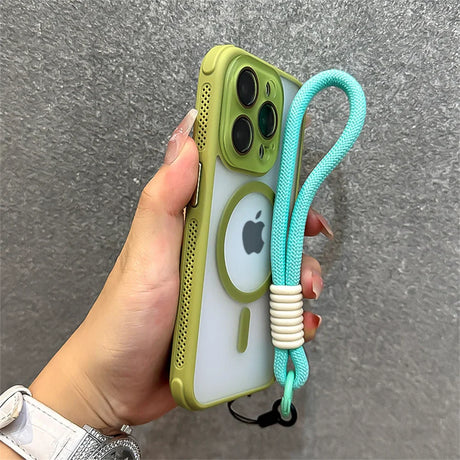 Green-edged iPhone case with turquoise wrist strap.