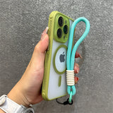 Green-edged iPhone case with turquoise wrist strap.