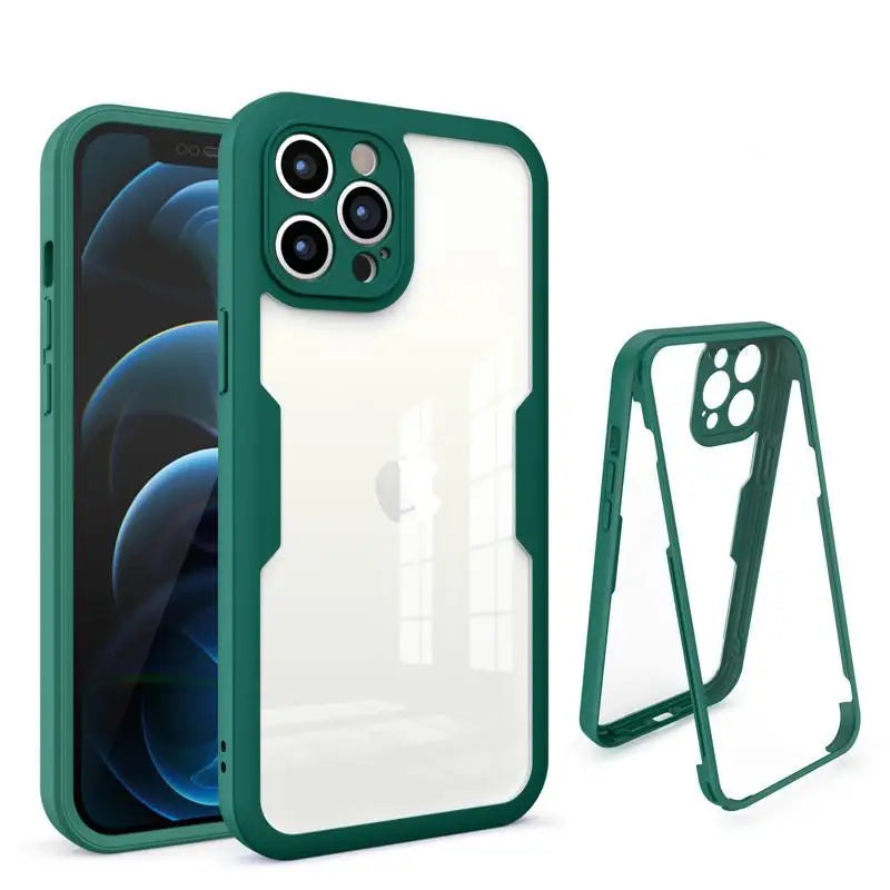 Green-framed transparent protective case for an iPhone.