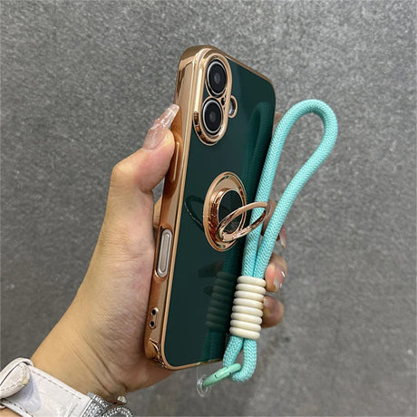 Green and gold phone case with ring stand and wrist strap.