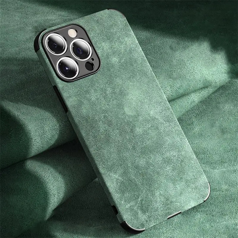 the back of a green leather case