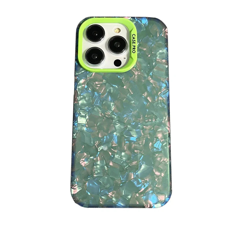 the back of a green iphone case with a green and blue pattern