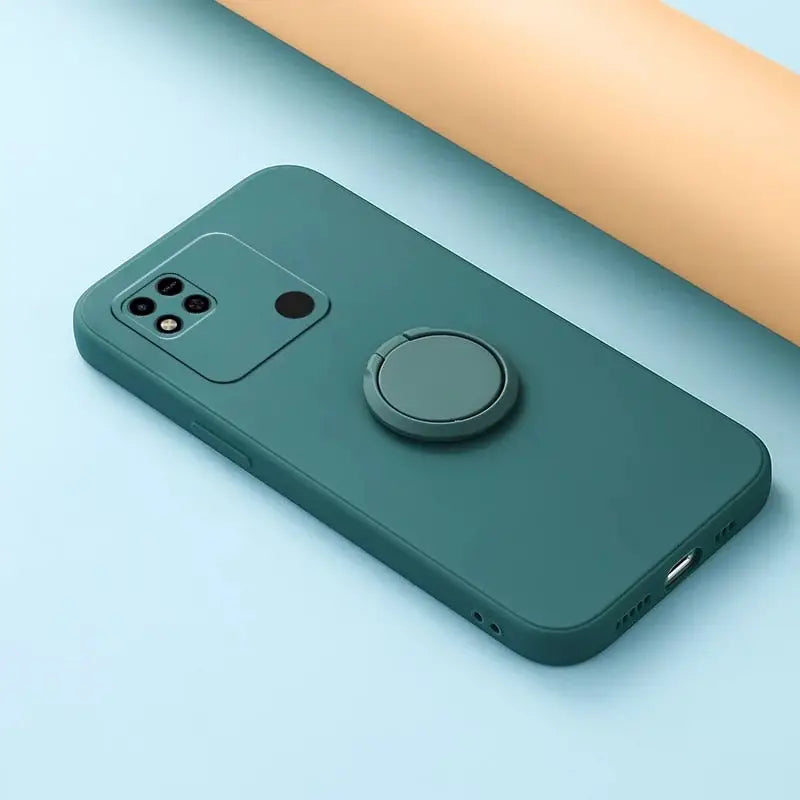 the back of a green iphone case with a camera attached to it