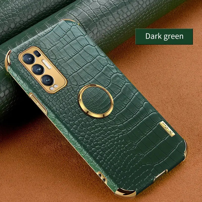 the back of a green iphone case with a gold ring