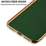 the back of a green iphone case with gold trim