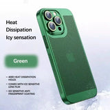 the green iphone case is shown with the text heat diation