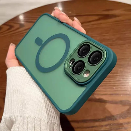 Green iPhone case with a MagSafe ring and triple camera cutout.