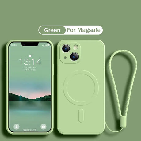 The green iphone case with a phone strap