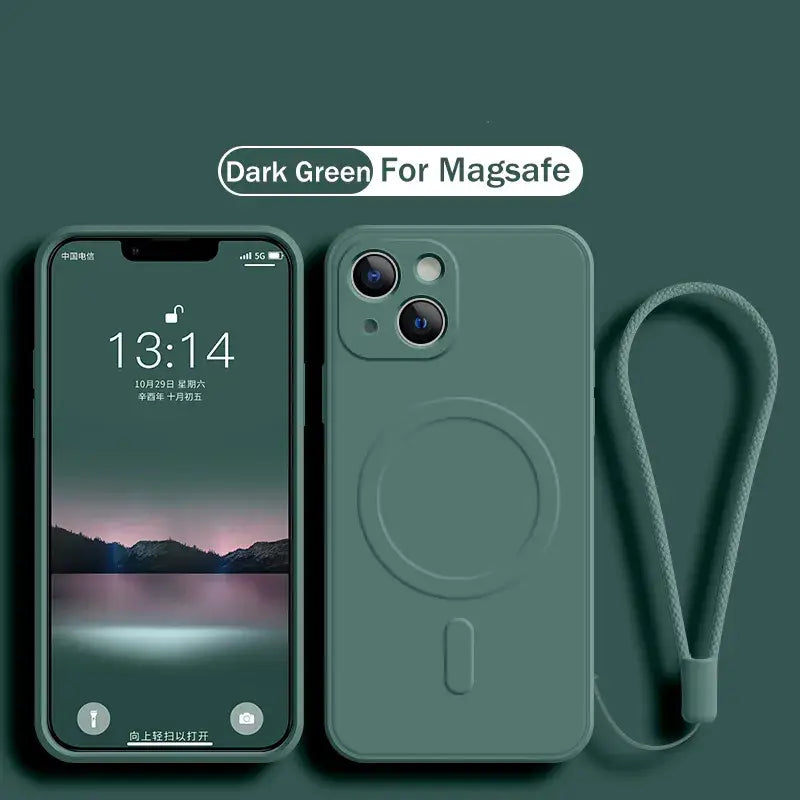 the back of a green iphone case with a phone strap