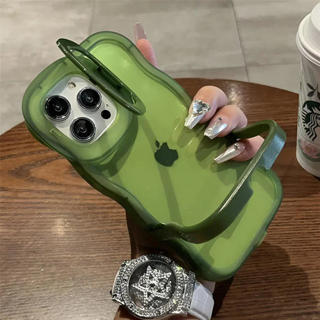 Green iPhone case with stand.