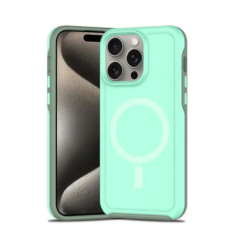 the back of a green iphone case with a white circle on it