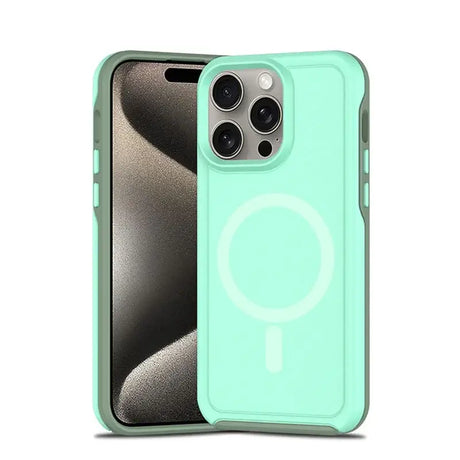 The back of a green iphone case with a white circle on it